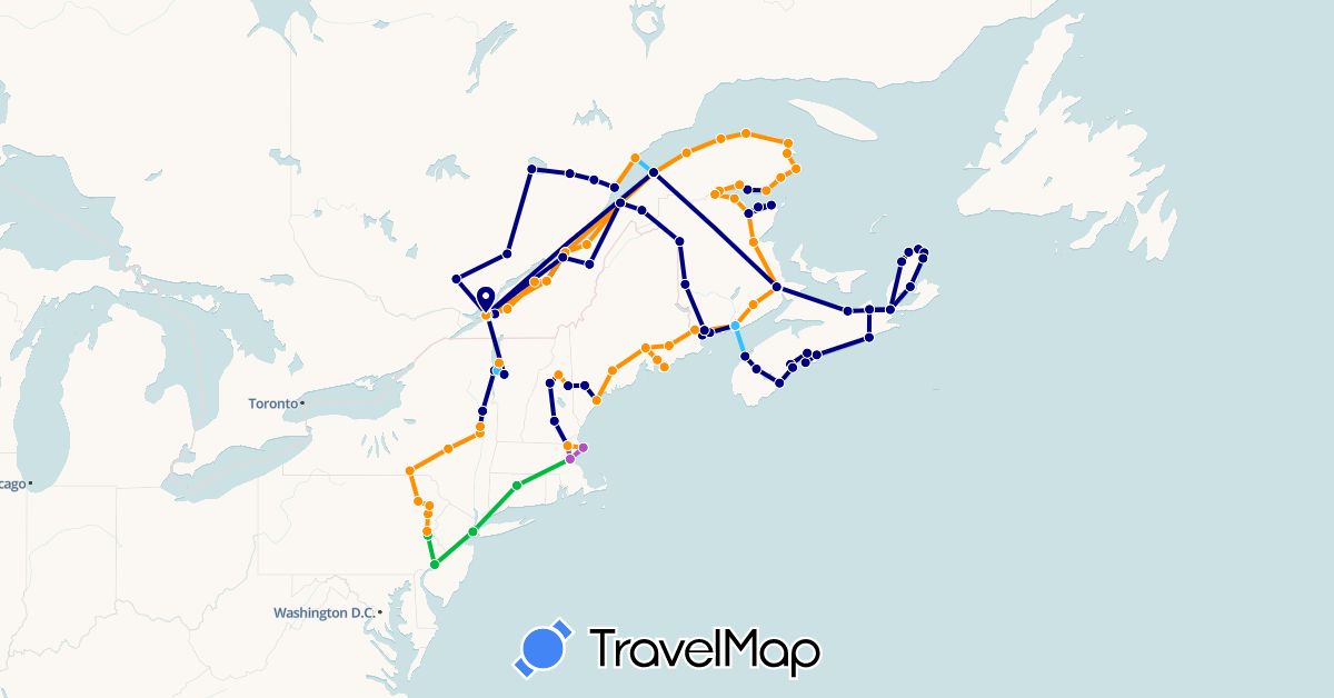 TravelMap itinerary: driving, bus, plane, train, boat, hitchhiking in Canada, United States (North America)